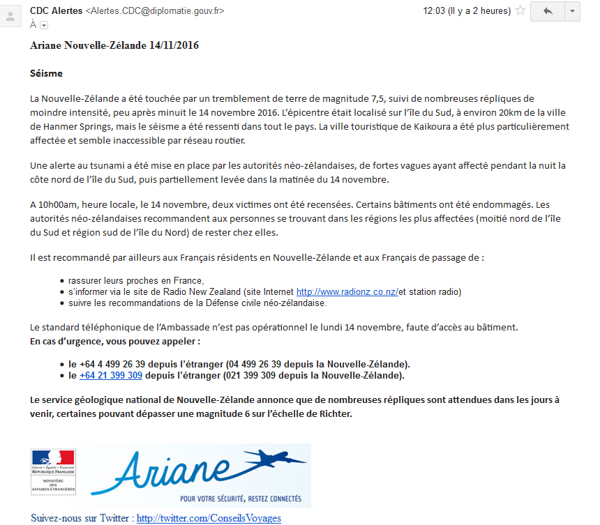 Message général Ariane de 13h